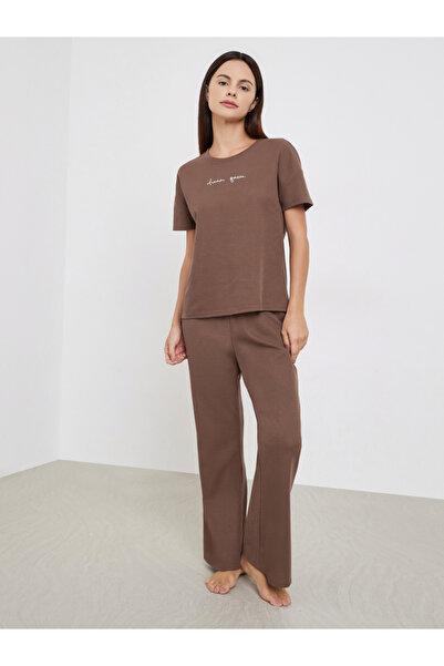 Styli Brown Ribbed T-Shirt and Long Pyjama Set
