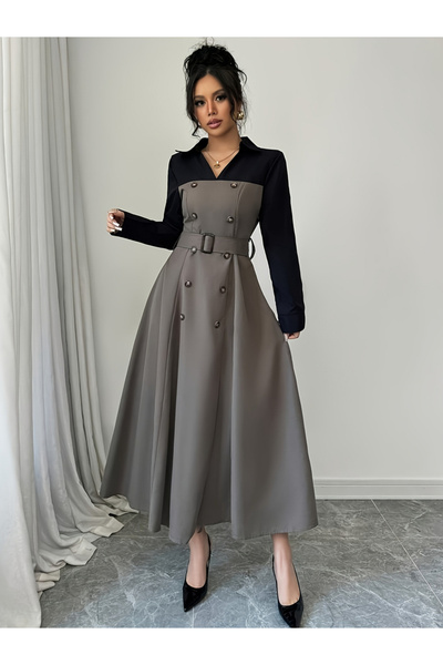 Take Two By Styli Grey Color Block Collared Maxi Dress