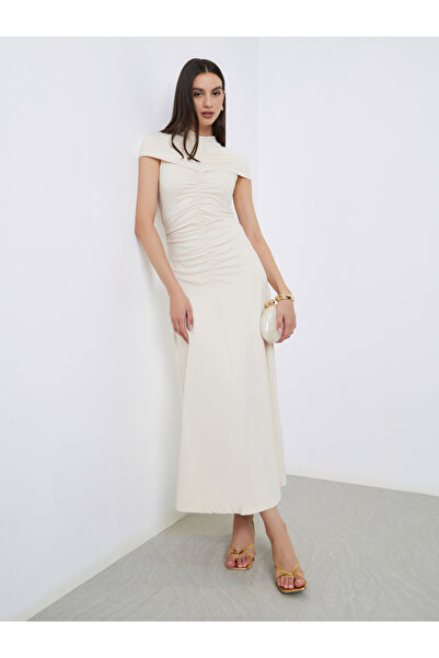 Take Two By Styli Cream Ruched Maxi Dress with Cape Sleeve