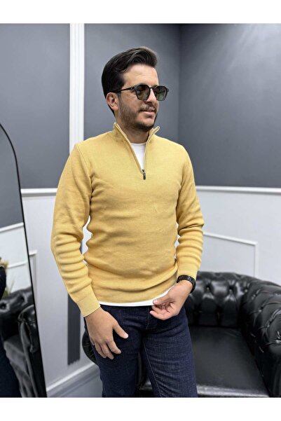 Avni Ceylan Men's Zippered Half-Thigh 100% Cotton Knit Sweater