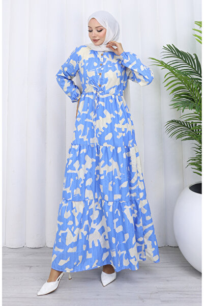 sefamerve Hakim Yaka Beli Patterned Dress with Laced Collar 0191-03 Indigo