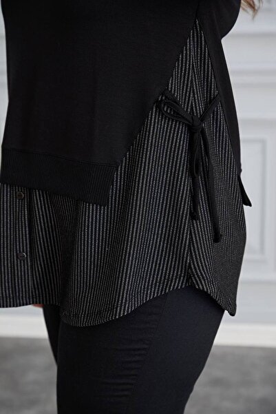 QUAWEAR Crew Neck, Laced Sides, Ribbed Sleeves, Striped Paneled Combed Cotton Fabric Tunic