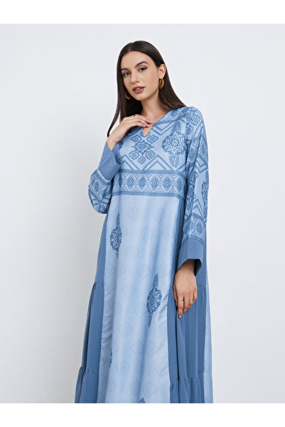 Take Two By Styli Blue Graphic Print Tiered Jalabiya