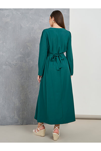 Take Two By Styli Embroidery Detail A-Line Maxi Dress with Tie Belt