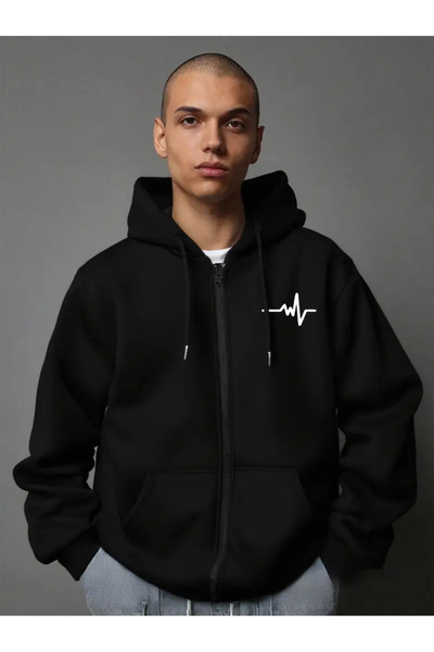 AEMİ للجنسين مطبوع قصة فضفاضة سويت شيرت أسود بغطاء رأس بسحاب