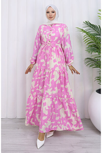 sefamerve Hakim Yaka Beli Lace-Up Patterned Dress 0191-05 Pink