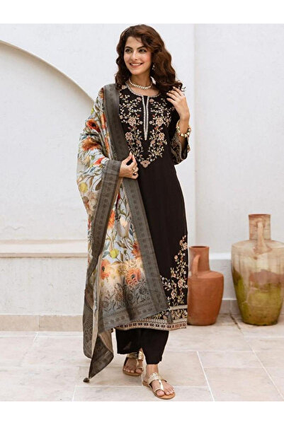 Ishin By Styli Black Embroidered Kurta with Pants and Dupatta Set