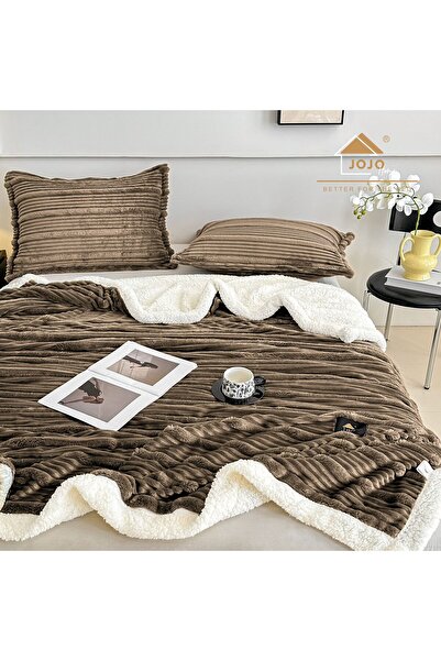 JOJO HOME Κουβέρτα Cocolino από χοντρό γούνινο ύφασμα υψηλής ποιότητας 200x230cm + 2 μαξιλαροθήκες 50x70cm, καφέ