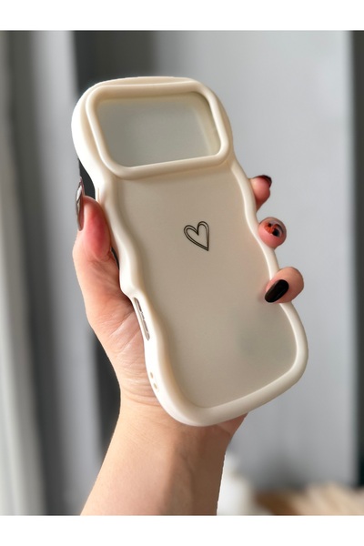 MİRAZ TASARIM iPhone 17 Pro Max Ecru Case with Heart Pattern and Wavy Edge