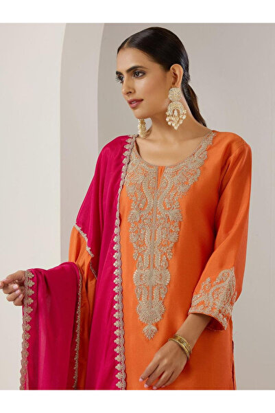 Ishin By Styli Orange Cotton Kurta with Pants and Dupatta Set