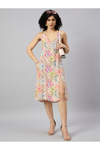Kuwarii By Styli Floral Knee Length Dress with Slit Hem