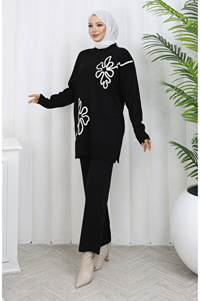 sefamerve Knitwear Floral Patterned Tunic Trousers Double Set 1110-03 Black