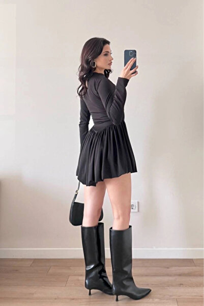 Eka Γυναικείο Μαύρο Φόρεμα Μπαλόνι από Ύφασμα Diver 1041-2717