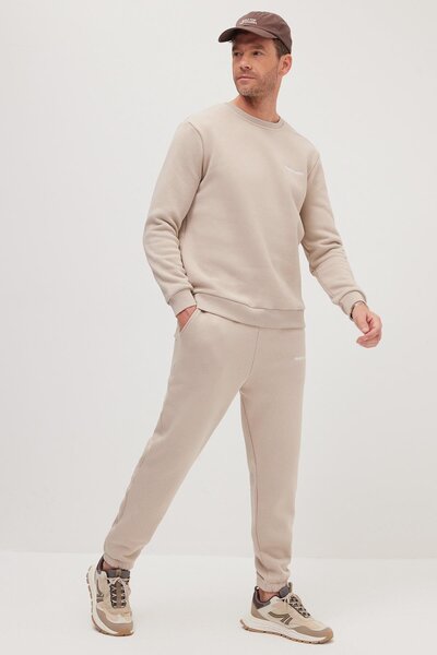 Tudors Men's Relax Fit Cotton 3 Thread Soft Textured Fleece Inside Crew Neck Beige Tracksuit Set