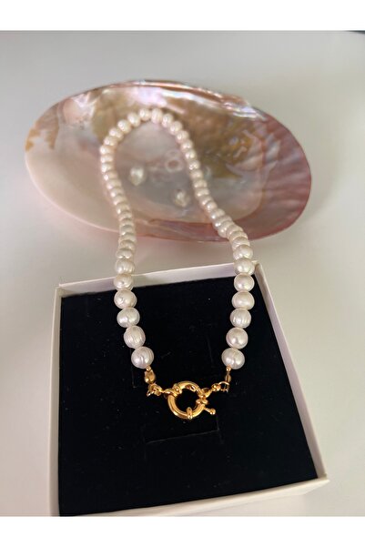 Harikalar Aksesuar 45cm Gerçek Doğal Beyaz İnci Kolye Sertifikalı 8mm Gemici Kilit Kulplu Altın Takılabilen