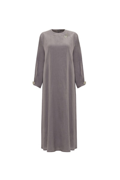 MISS DALIDA Aksesuar Detaylı Düz Renk Keten Antasit Elbise