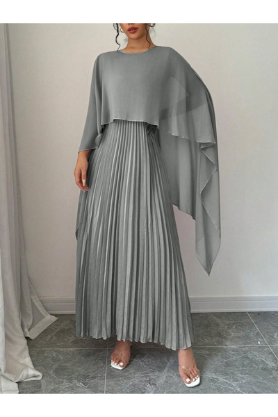 Take Two By Styli Solid Pleated Detail Cape Sleeve Maxi Dress