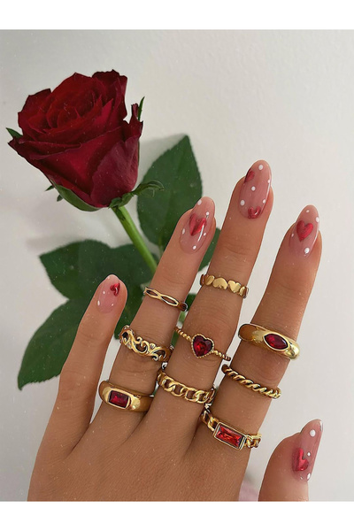Take Two By Styli Set of 9 - Red Heart Accent Embellished Rings