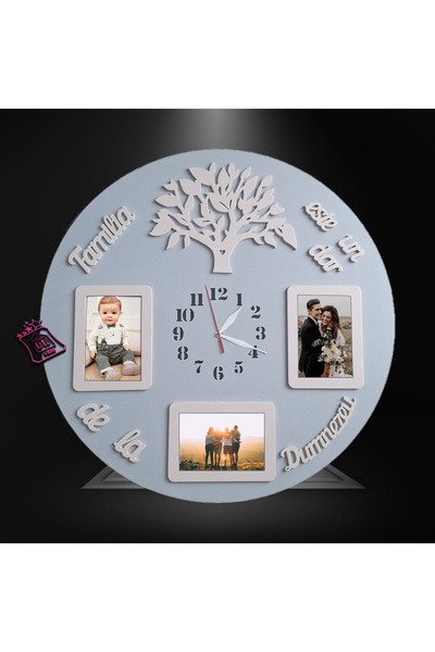 damoro Ceas de perete 3 spatii poze,Familia dar de la Dumnezeu,Lemn,gri/bej