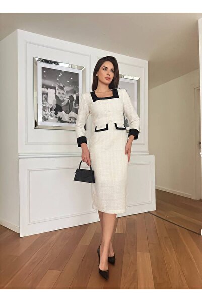 Siseniorita Wool Midi Pencil Dress with Square Collar and Contrasting Details