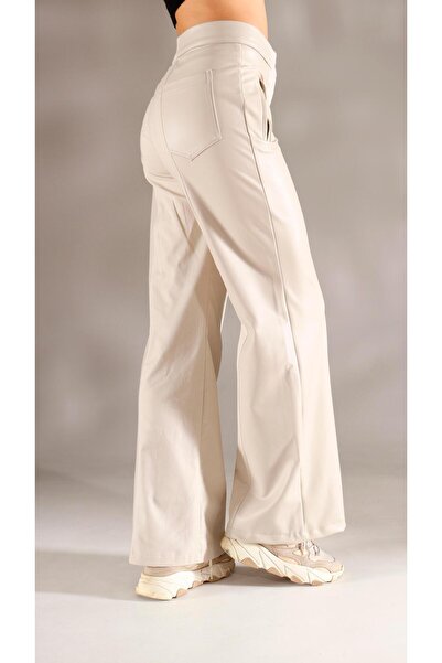 shE tekstil Italian Style Leather g Paneled Wide Leg Trousers Beige