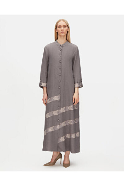 MISS DALIDA Desen Detaylı Yuvarlak Yaka Uzun Keten Antrasit Ceket