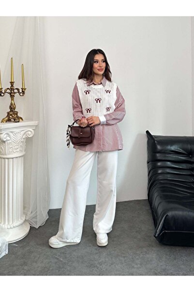 Hatun Atila Striped Shirt and Bow Embroidered Sweater Two-Piece Set 0241 - Red