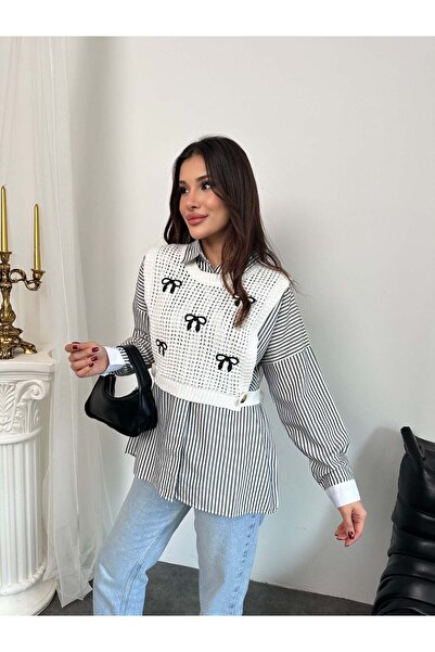 Hatun Atila Striped Shirt and Bow Embroidered Sweater Two-Piece Set 0241 - Anthracite