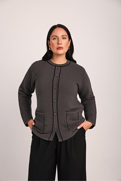 Uludağ Triko Women's Smoked Striped Woven Detailed Pocketed Knitwear Knitted Cardigan