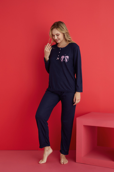 rindahomewear Women's Ribbed Long Sleeve Pajama Set with Bow Detail