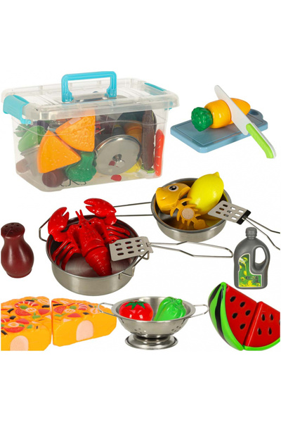 Ikonka Set 36 accesorii de bucatarie pentru copii Ikonka, cu legume de taiat, oala si tigaie incluse in cut