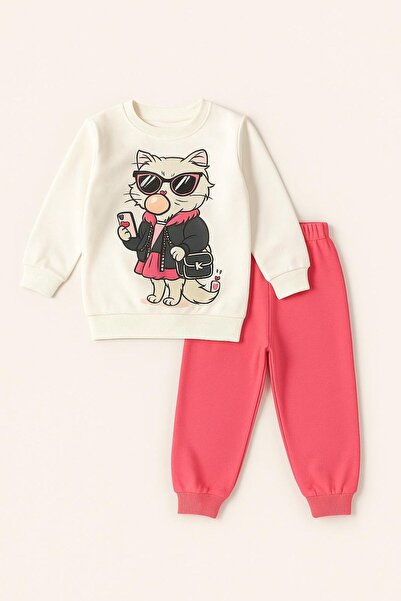 Katia&Bony Girl's Gummi Cat Patterned Tracksuit Set