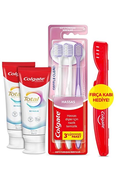 Colgate Total Whitening 50 ml 2'li Diş Macunu, Gentle Clean 2+1 Diş Fırçası+Diş Fırçası Kabı Hediye