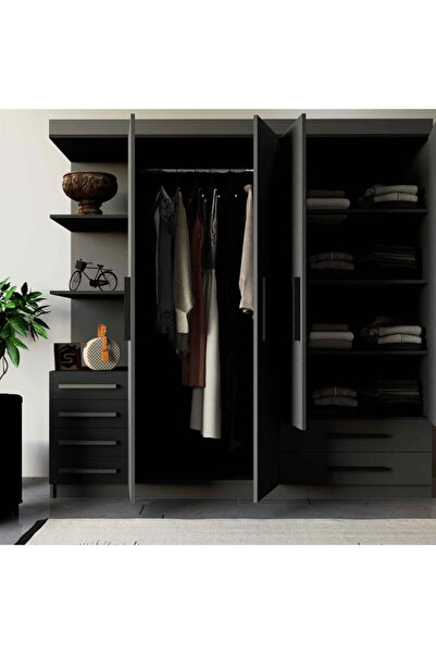 Stylish Home Four-door wardrobe and cabinet with side shelves, gray and black - dlb04