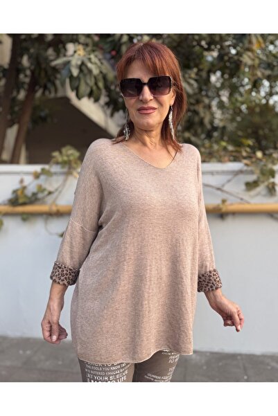 DenizEge Italian Knitwear V-Neck Leopard Pattern Inside Milky Brown