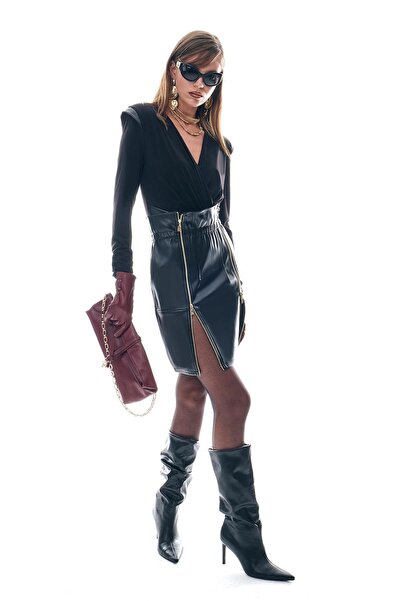 EXPLOSION Leather Skirt with Double Zipper and Elastic Waist Detail