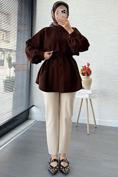 MELEK ARAZ Cape Detailed Front Buttoned Cashmere Shirt – Brown