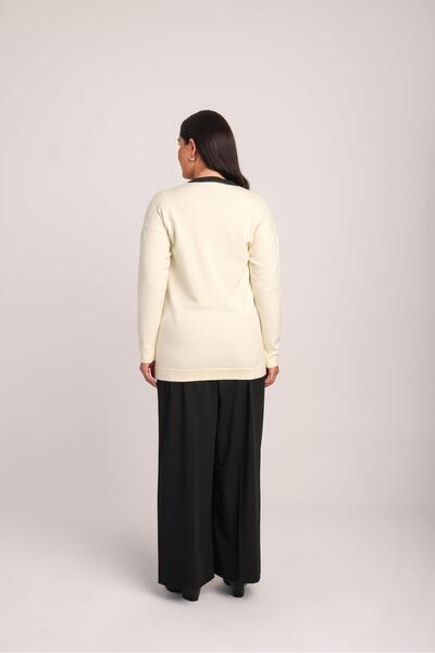 Uludağ Triko Women's White Glitter Collar Buttoned Comfortable Cut Pocketed Knitwear Cardigan