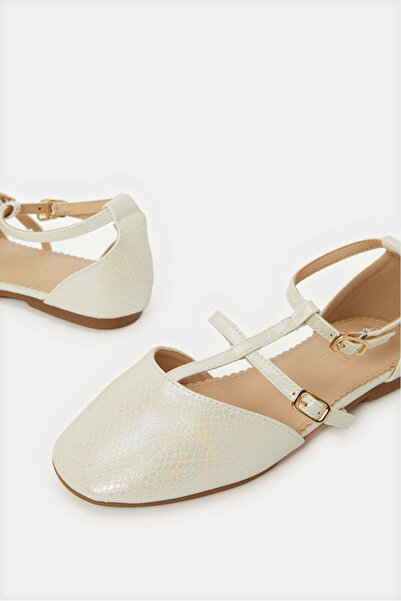 REDTAG Senor Girls Cream T-Bar Textured Ballerina