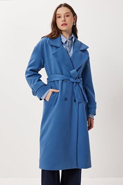 Lovelyİstanbul Kruvaze Yaka Kuşaklı Kaşe Kaban LDW0007 İNDİGO MAVİ