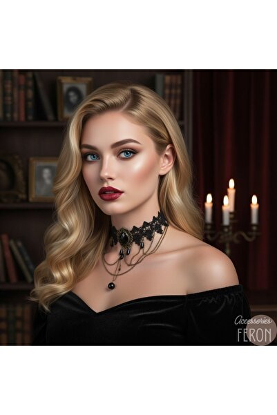 Feron accessories Siyah Dantel Zincirli Gotik Choker Kolye GTK413