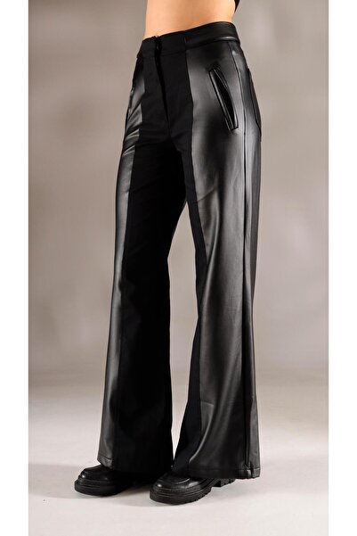shE tekstil Italian Style Leather g Paneled Wide Leg Trousers Black