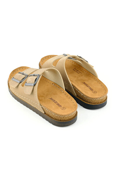 GEZER Kadın Yazlık İki Tokalı Ayarlanabilir Bej Terlik | Comfort Mantar Taban Günlük Kadın Terlik