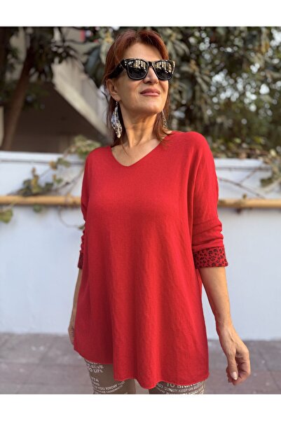 DenizEge Italian Knitwear V-Neck Leopard Pattern Inside Red