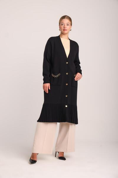 Uludağ Triko Women's Black Pleated Pocketed Knitwear Long Cardigan