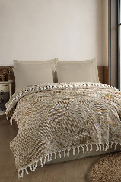 Enlora Home Çok Amaçlı Pike Takımı Çift Kişilik Dantel K.Hardal (Tam Takım)