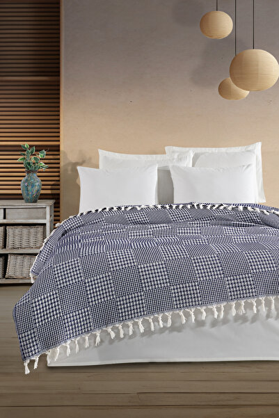 Enlora Home Κουβέρτα Πικέ Πολλαπλών Χρήσεων Διπλό Τετράγωνο Σκούρο Μπλε