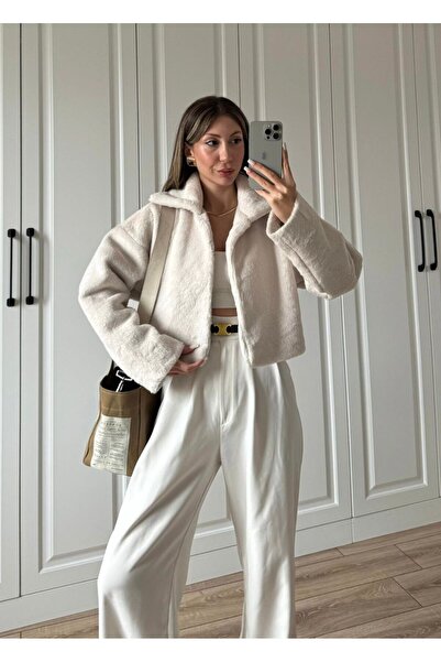 FMN Moda Ball Cut Premium Design Fur Plush Soft Lining Equivalent Big Lapel Jacket Coat Overcoat