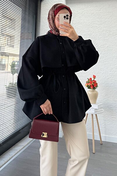 MELEK ARAZ Cape Detailed Front Buttoned Cashmere Shirt – Black