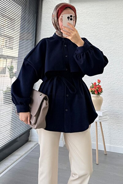 MELEK ARAZ Cape Detailed Front Buttoned Cashmere Shirt – Navy Blue